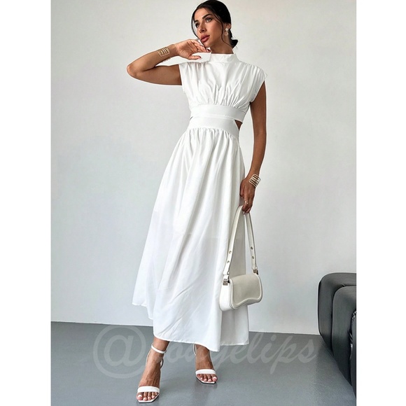 White Long Dress High Neck Cut Out Back Flared Skirt Sleeveless - Picture 5 of 10